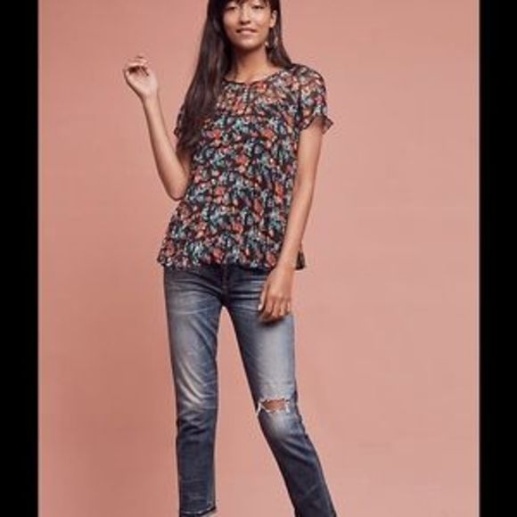 41. Eva Franco Anthropologie Peasant Floral Blouse Pleated Polyester Semi Sheer - Picture 2 of 8